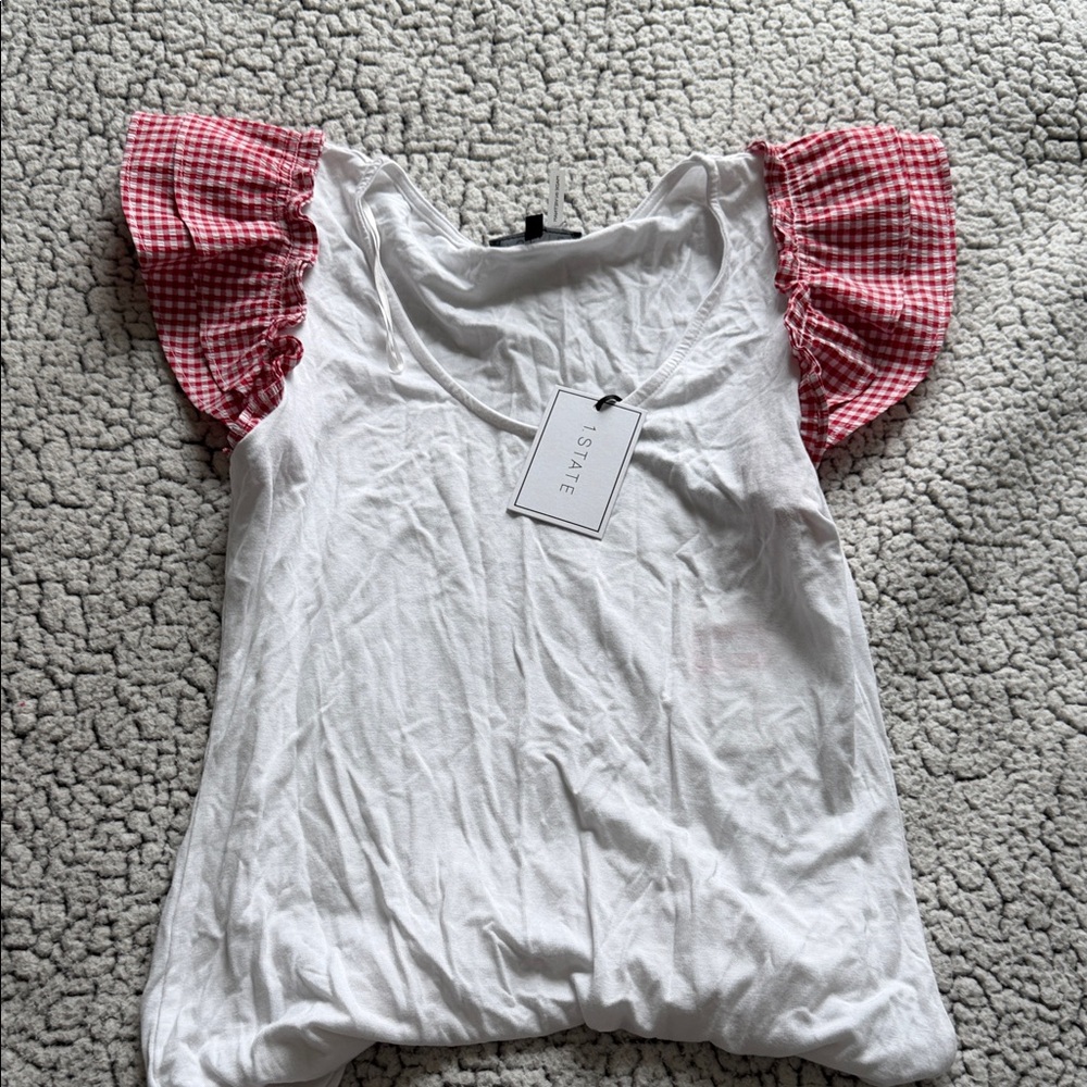 1. State White Blouse with Red Gingham Sleeves